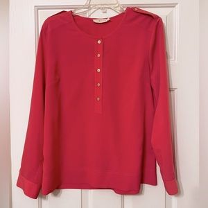 Tory Burch Amy Pink Button Front Long Sleeve Henley Blouse Shirt Size L NWOT